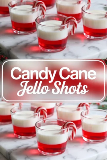 Layered candy cane Jello shots with a bright red base and creamy white top served in clear glass cups, each garnished with a mini candy cane, placed on a marble tray with a festive red and white “Candy Cane Jello Shots” text overlay.
