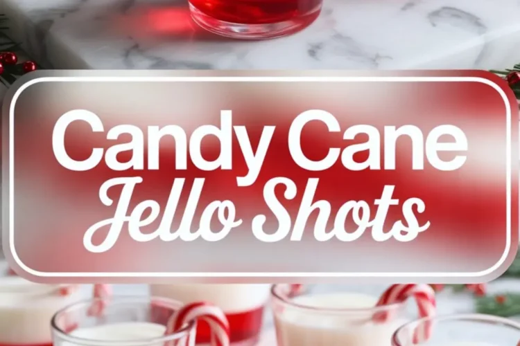 Layered candy cane Jello shots with a bright red base and creamy white top served in clear glass cups, each garnished with a mini candy cane, placed on a marble tray with a festive red and white “Candy Cane Jello Shots” text overlay.