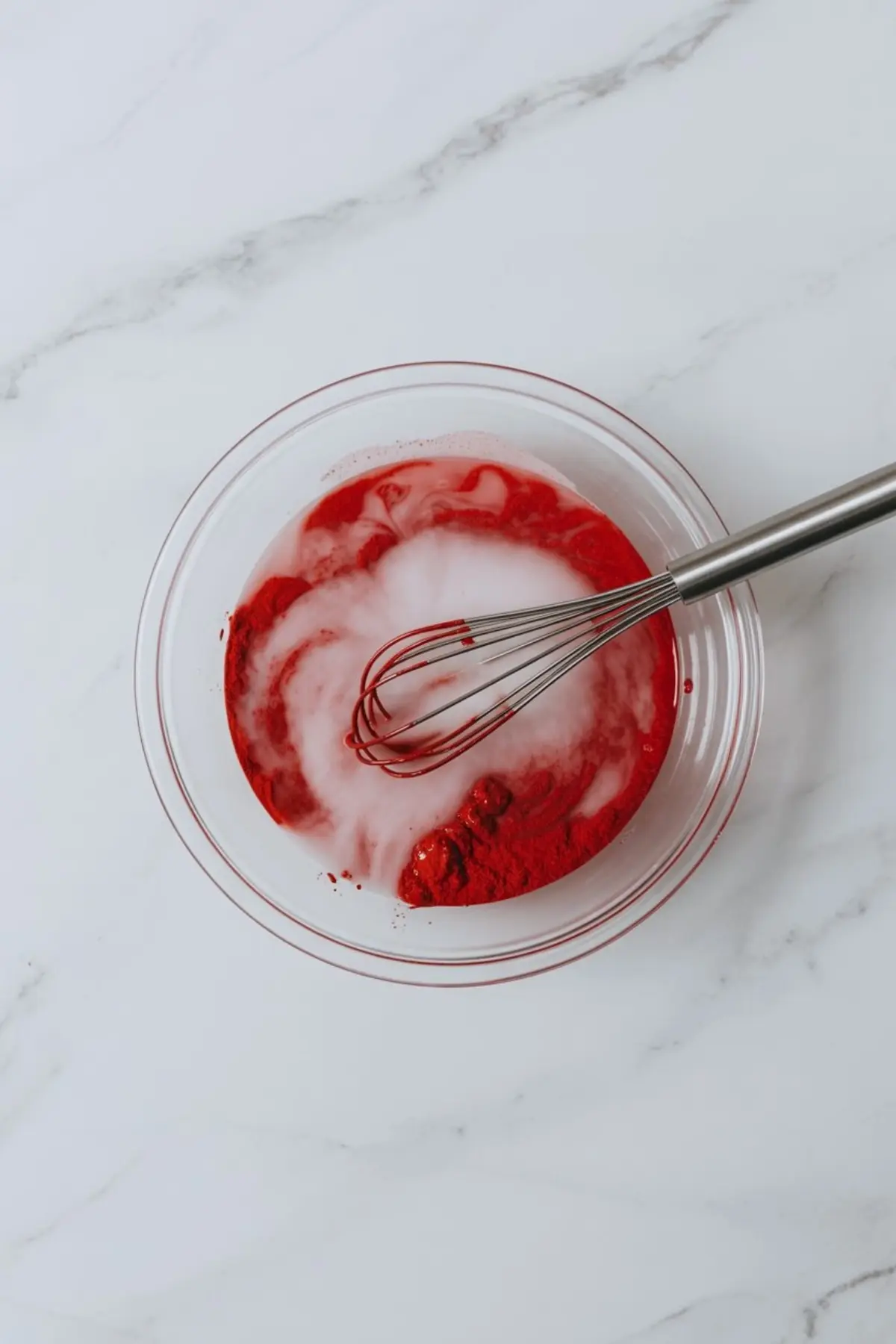 Mixing bowl filled with red gelatin powder, water, and ice, with a metal whisk stirring the mixture over a white marble countertop.