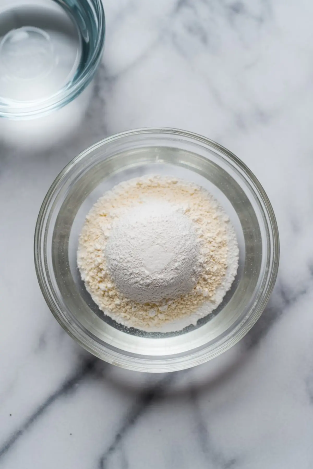 Clear glass bowl containing powdered gelatin and dry milk, ready to be combined with liquids for the creamy layer of the Jello shots.