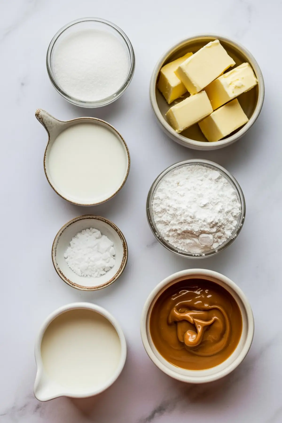 Measured baking ingredients sit on a marble surface, including butter cubes, granulated sugar, powdered sugar, heavy cream, salt, and caramel sauce for salted caramel buttercream frosting.
