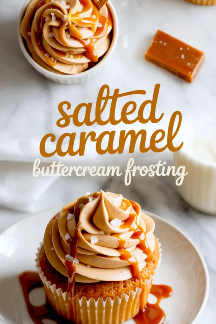 Vertical collage displays a cupcake with salted caramel buttercream frosting, caramel drizzle, flaky sea salt, and scripted text reading salted caramel buttercream frosting.