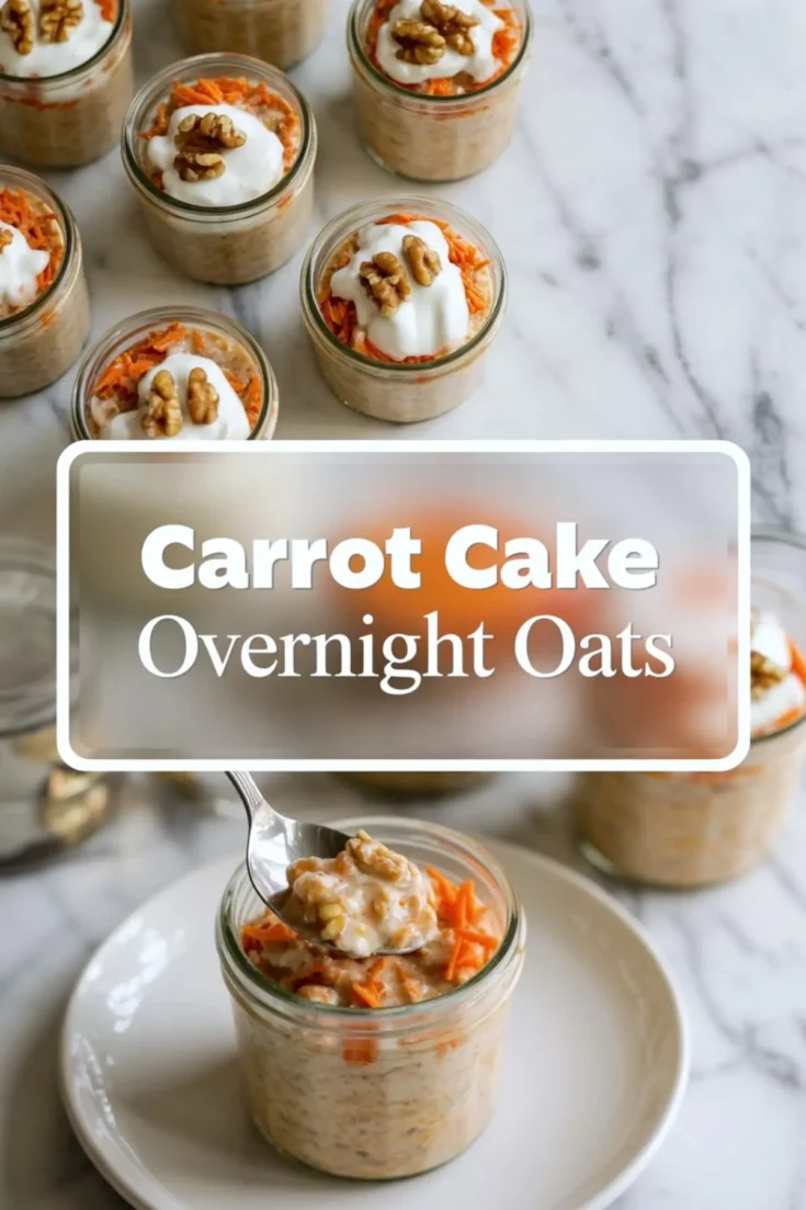 Jars of carrot cake overnight oats topped with grated carrots, a dollop of yogurt, and walnut halves, arranged on a marble surface with bold text overlay reading “Carrot Cake Overnight Oats.”