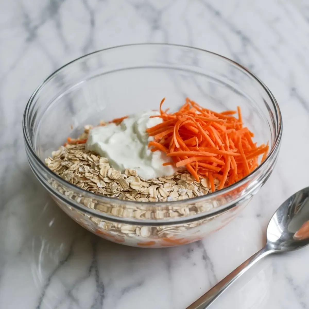 Glass bowl on a marble surface holding rolled oats, shredded carrots, and a scoop of Greek yogurt, with a spoon beside it, showing ingredients before mixing.
