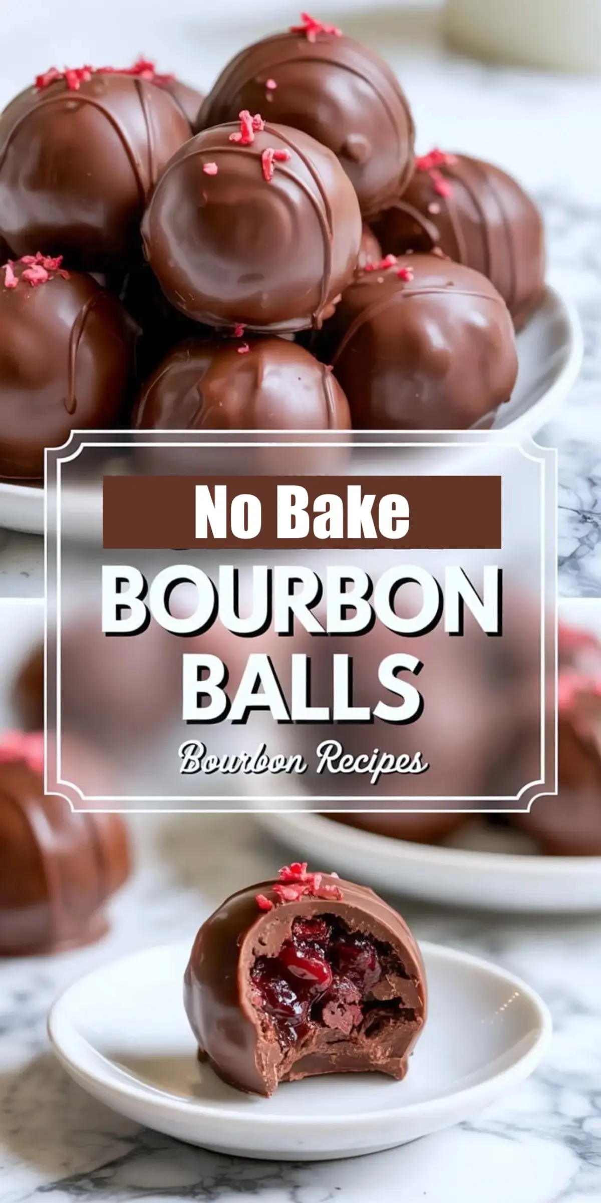 A plate of no bake chocolate cherry bourbon balls garnished with red sprinkles sits on a marble surface, with a close-up below showing a bitten truffle revealing a rich cherry bourbon filling.