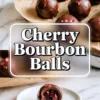 Chocolate cherry bourbon balls resting on crinkled parchment paper, paired with a close-up of a single truffle on a white plate, cut open to expose glossy cherry bourbon filling.