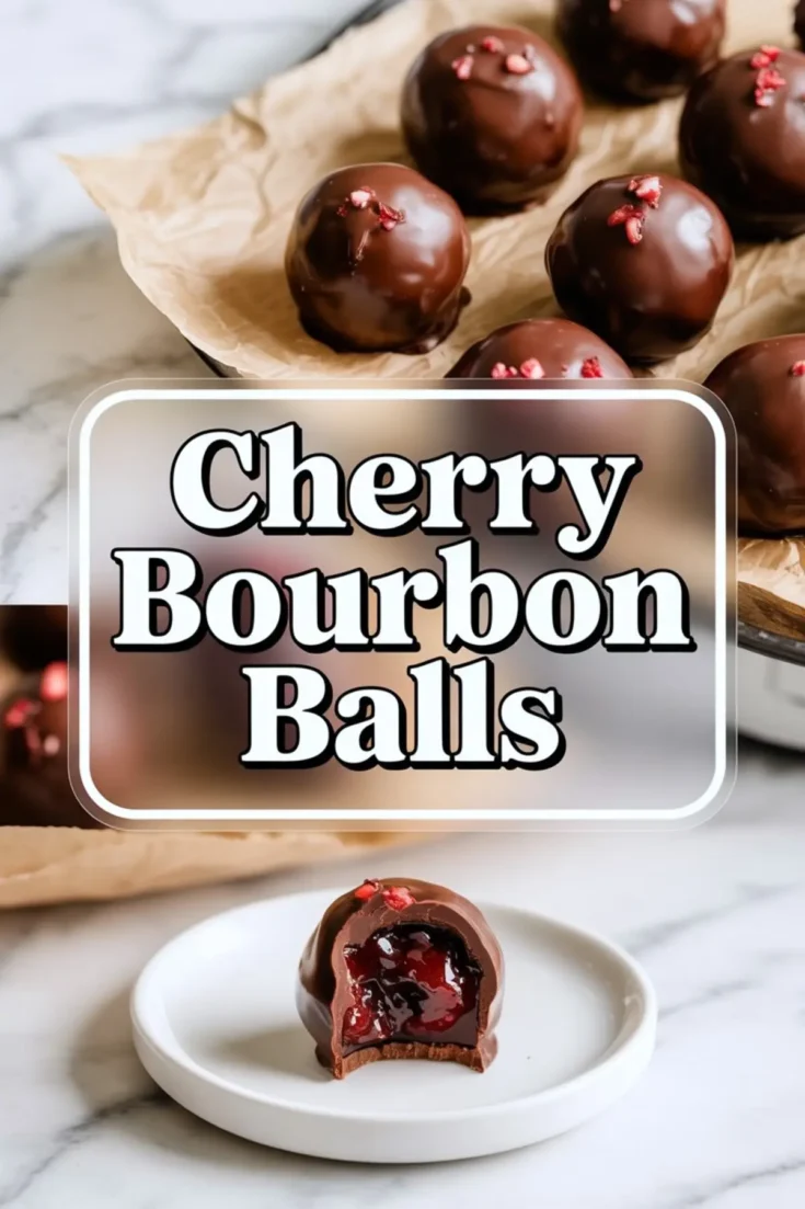 Chocolate cherry bourbon balls resting on crinkled parchment paper, paired with a close-up of a single truffle on a white plate, cut open to expose glossy cherry bourbon filling.