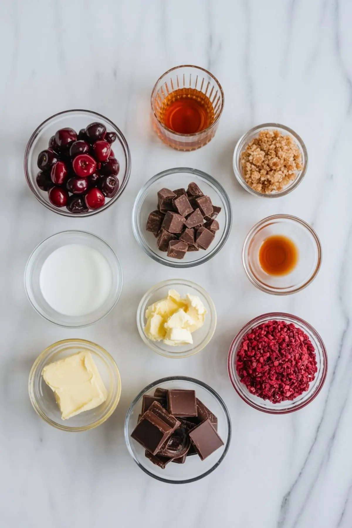 Flat lay of cherry bourbon ball ingredients including dark cherries, bourbon, chocolate chunks, freeze-dried cherries, brown sugar, milk, butter, and vanilla extract in glass bowls on marble.