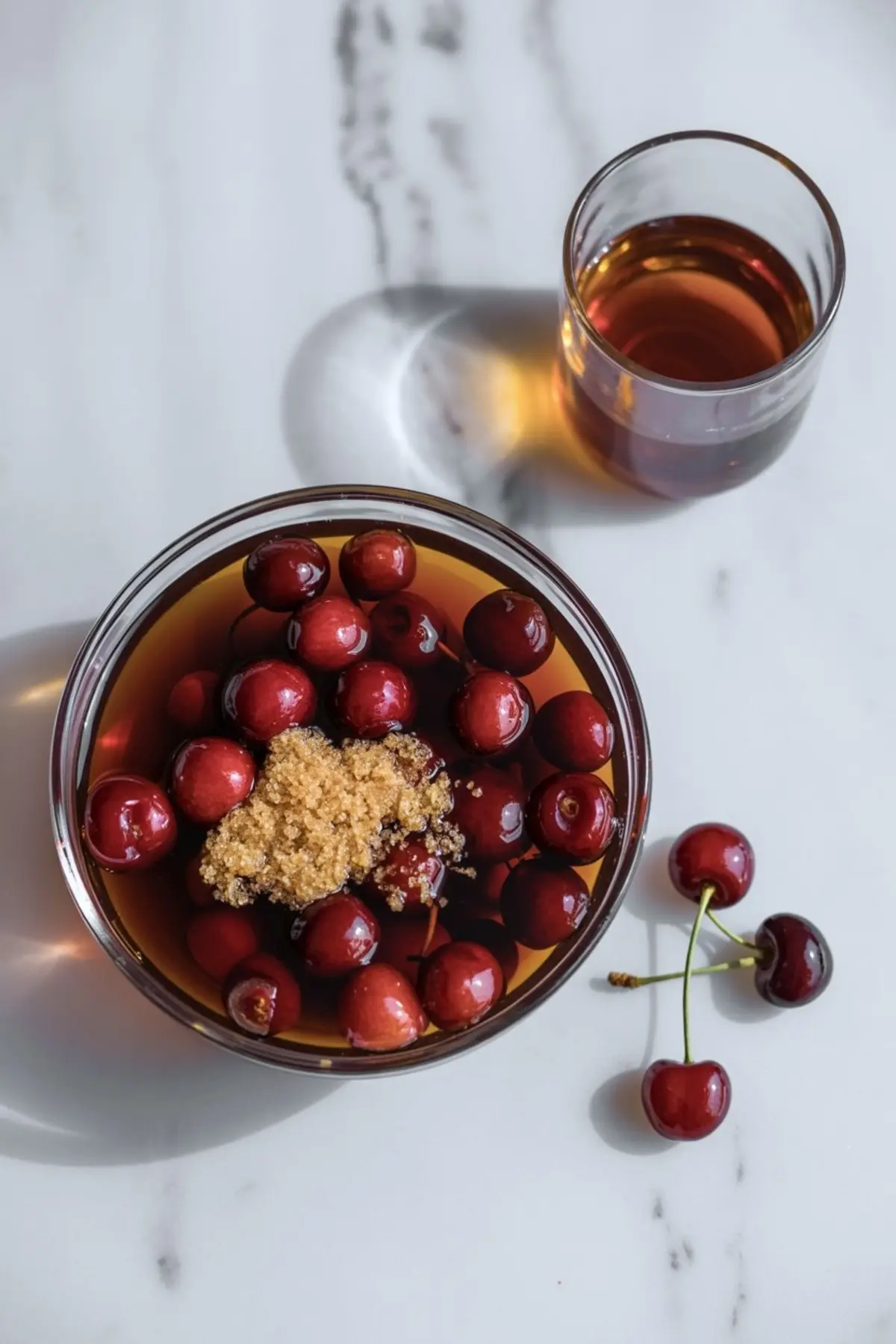 Whole cherries soaking in bourbon with a heap of brown sugar, displayed in a glass bowl with extra cherries and a glass of bourbon on a white marble countertop.