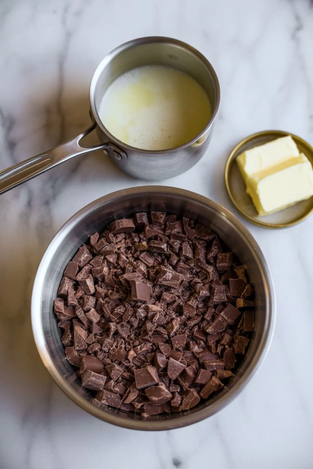 Chopped milk chocolate in a metal bowl beside a saucepan of heated cream and a plate of butter, all placed on a white marble surface in preparation for making cherry bourbon balls.