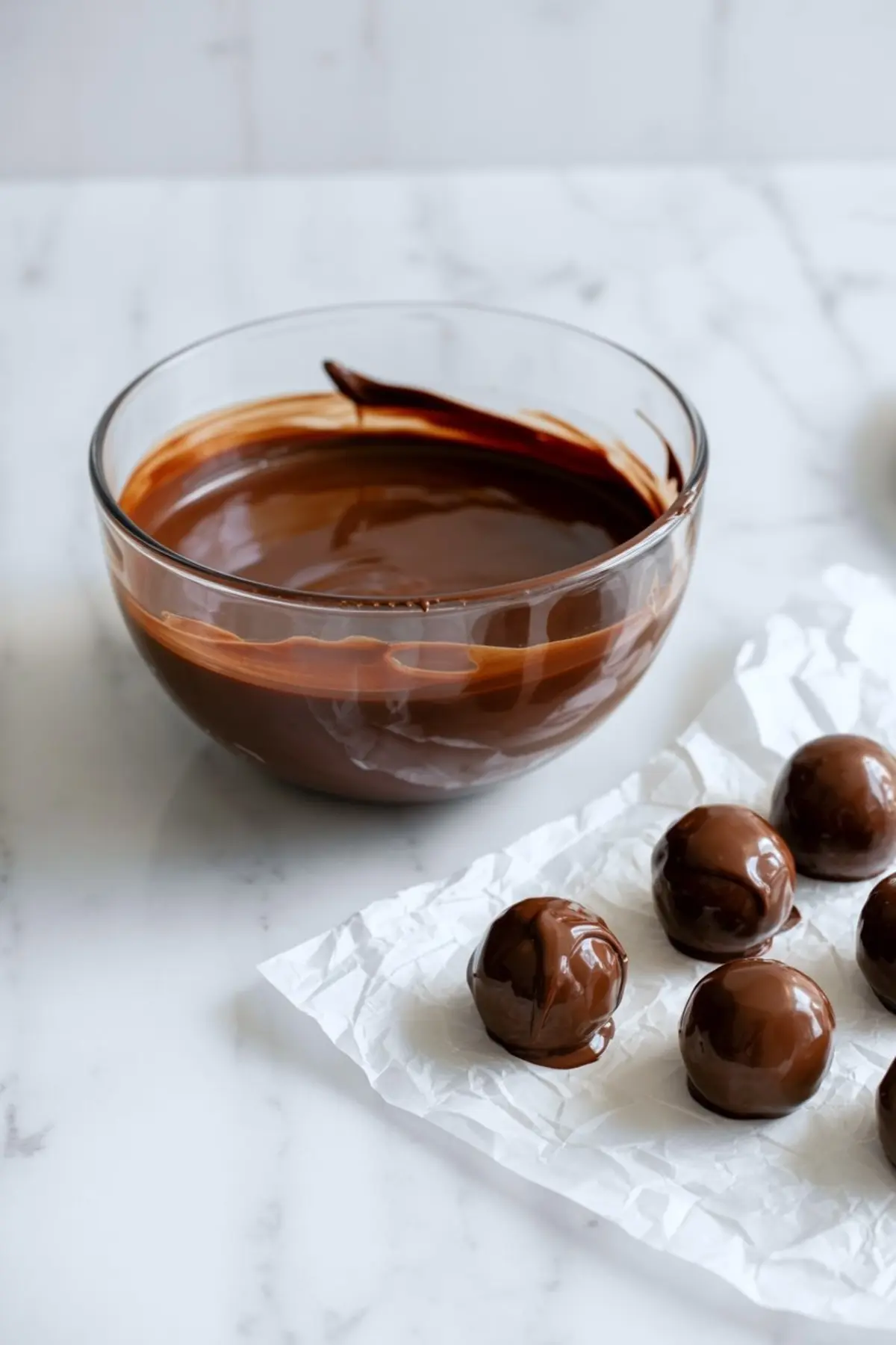 Partially dipped cherry bourbon balls drying on crumpled parchment paper next to a bowl of melted chocolate, showcasing the coating stage of the truffle-making process.