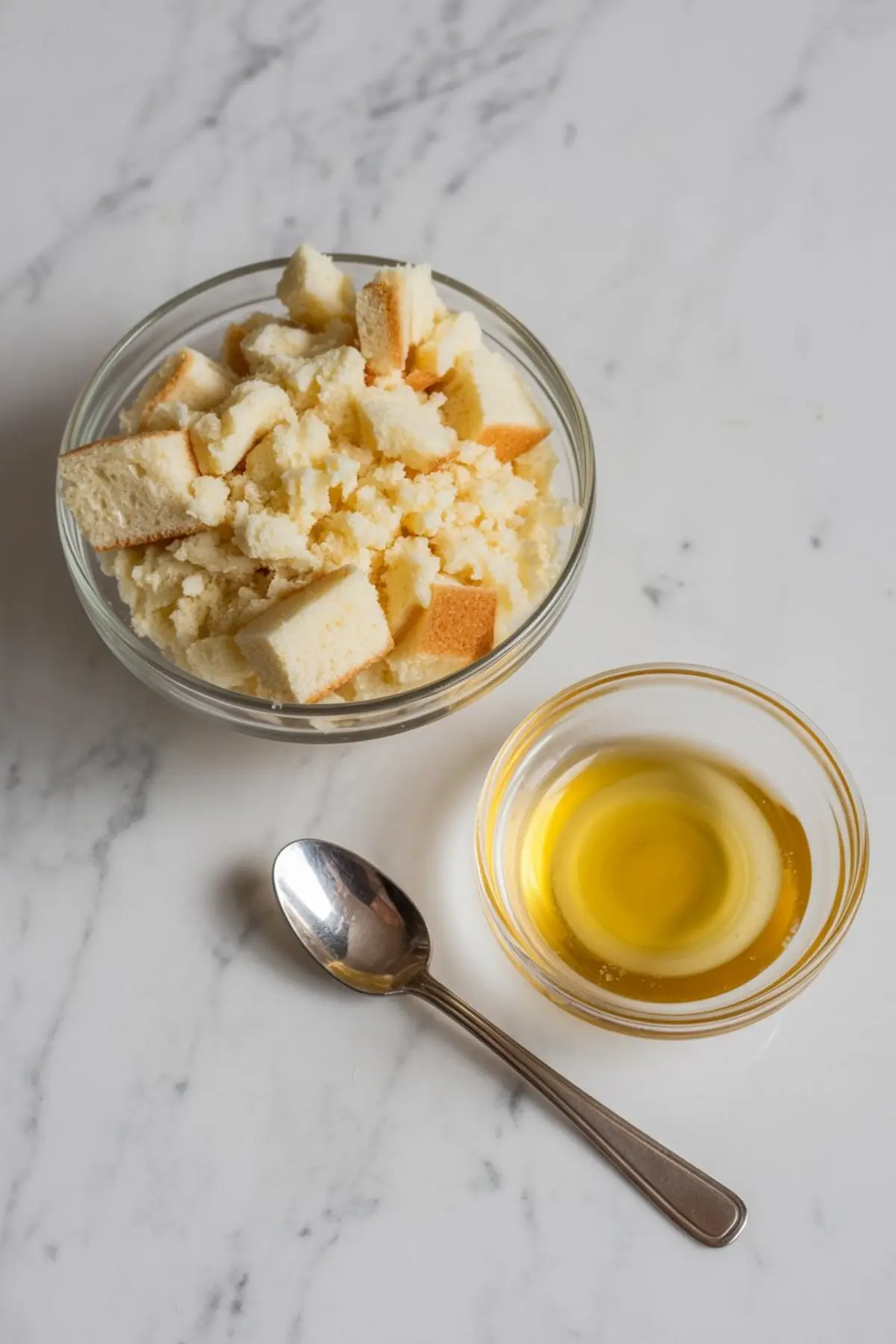 Glass bowl of crumbled and cubed pound cake next to a small glass bowl of melted butter and a metal spoon, arranged on a white marble background.