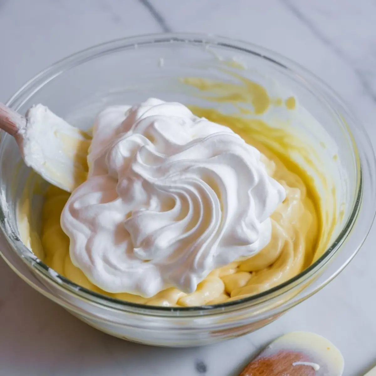 Glass bowl filled with thick yellow cheesecake filling topped with a generous swirl of whipped cream, with a spatula partially submerged in the mixture on a marble surface.