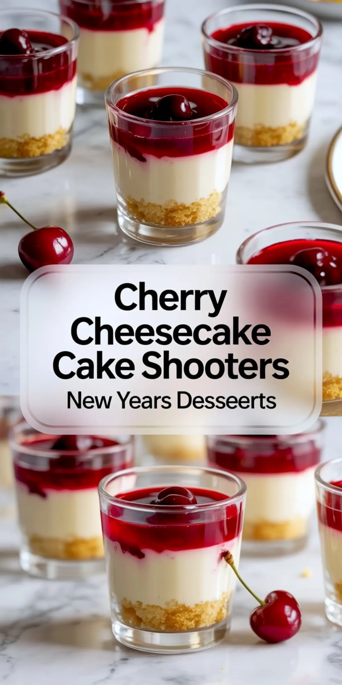 Collage image showing individual cherry cheesecake shooters in small glasses with a layered composition of buttery cake crumbs, creamy filling, and cherry topping. The center overlay text reads “Cherry Cheesecake Cake Shooters – New Years Desserts.”