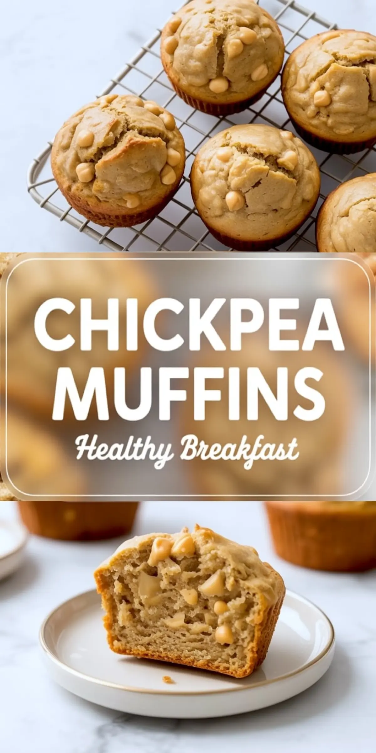 Top-down and close-up view of golden brown chickpea muffins on a wire rack and a white plate, featuring fluffy texture and scattered whole chickpeas for a wholesome plant-based breakfast.