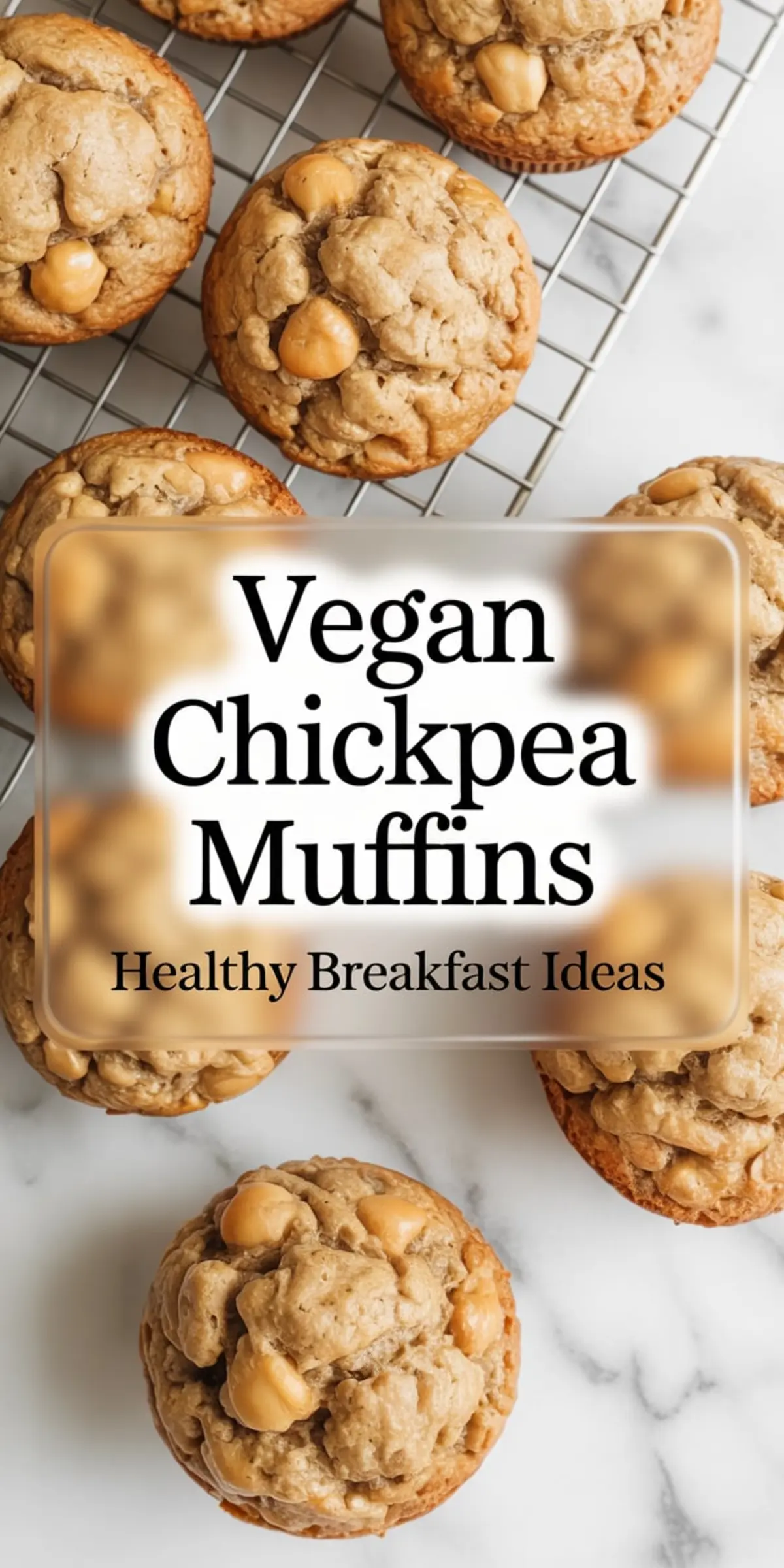 Flat lay and overhead view of vegan chickpea muffins on a cooling rack and marble countertop, highlighting their golden baked tops and chunky chickpea texture for a healthy breakfast idea.