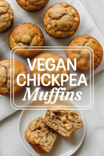 Overhead shot of vegan chickpea muffins on a marble surface with one muffin sliced open on a white plate, showcasing a moist interior and whole chickpeas for a dairy-free, egg-free treat.