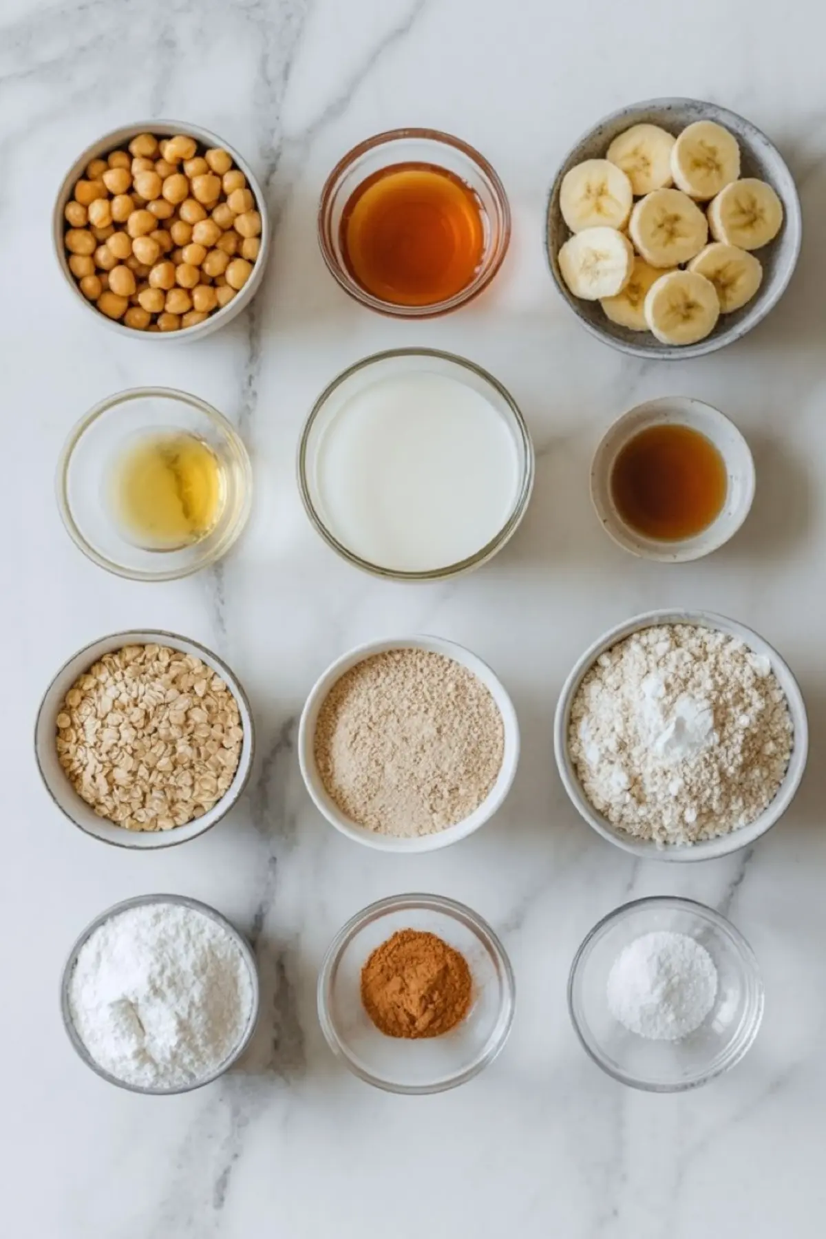 Flat lay of 12 vegan muffin ingredients in small bowls on a white marble surface, featuring chickpeas, sliced bananas, maple syrup, almond milk, vanilla extract, oats, oat flour, cinnamon, and baking powder.