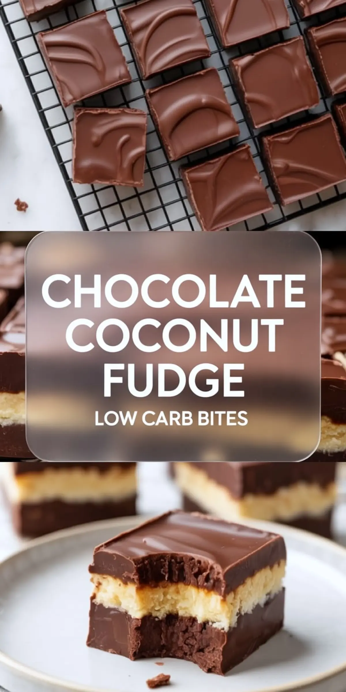 Overhead and close-up views of chocolate coconut fudge cut into bite-sized squares on a cooling rack and serving plate. The glossy chocolate tops show textured swirls, with visible coconut and chocolate layers beneath. A clean bite reveals a chewy coconut center, perfect for low-carb snacking ideas.

