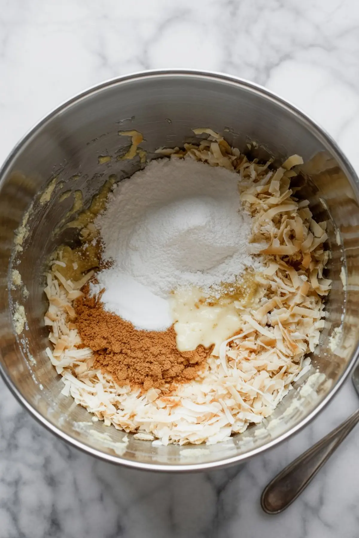 Mixing bowl with shredded coconut, brown sweetener, powdered erythritol, and mashed ingredients for a keto coconut filling. The ingredients are partially mixed, highlighting the start of a no-bake low-carb fudge recipe.
