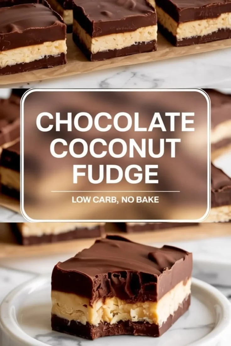 Top and bottom views of thick chocolate coconut fudge bars arranged on parchment and served on a marble plate. The bite reveals a rich chocolate layer, a gooey caramel-style middle, and a moist coconut base. Label promotes the treat as a low-carb, no-bake dessert option.