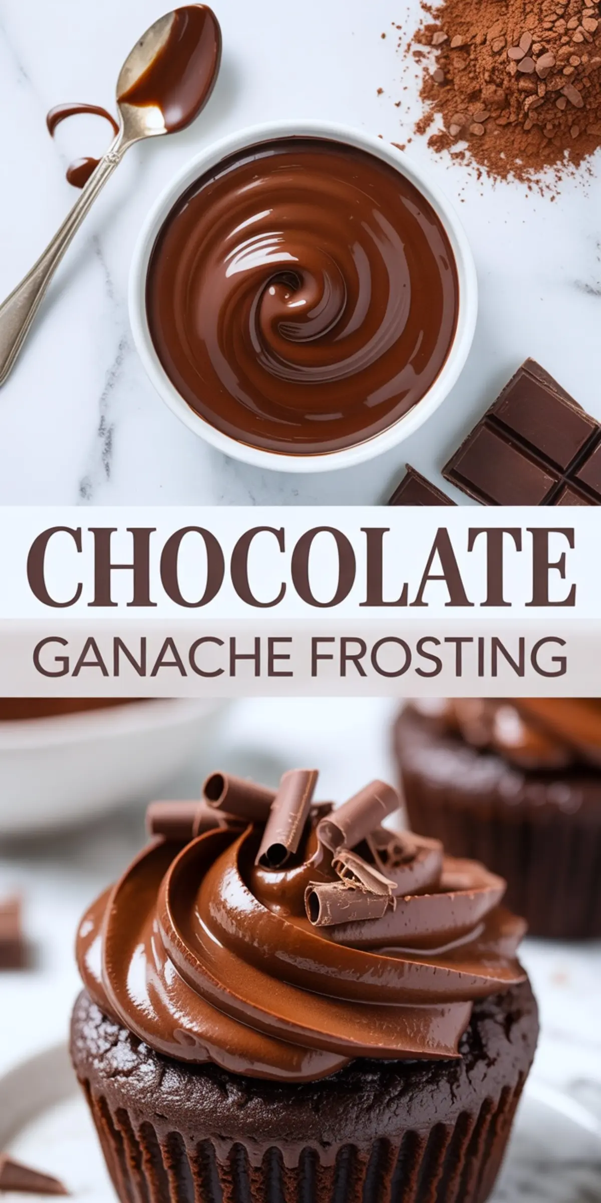 A vertical collage shows a swirl of chocolate ganache in a ramekin with scattered cocoa and chopped chocolate above, and a chocolate cupcake with piped ganache and curls below. Text reads “Chocolate Ganache Frosting.”