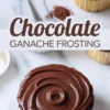 This collage displays a swirl of glossy ganache frosting on a cupcake with cocoa powder and spoon above, and a ramekin filled with thick ganache below. Central overlay text reads “Chocolate Ganache Frosting.”