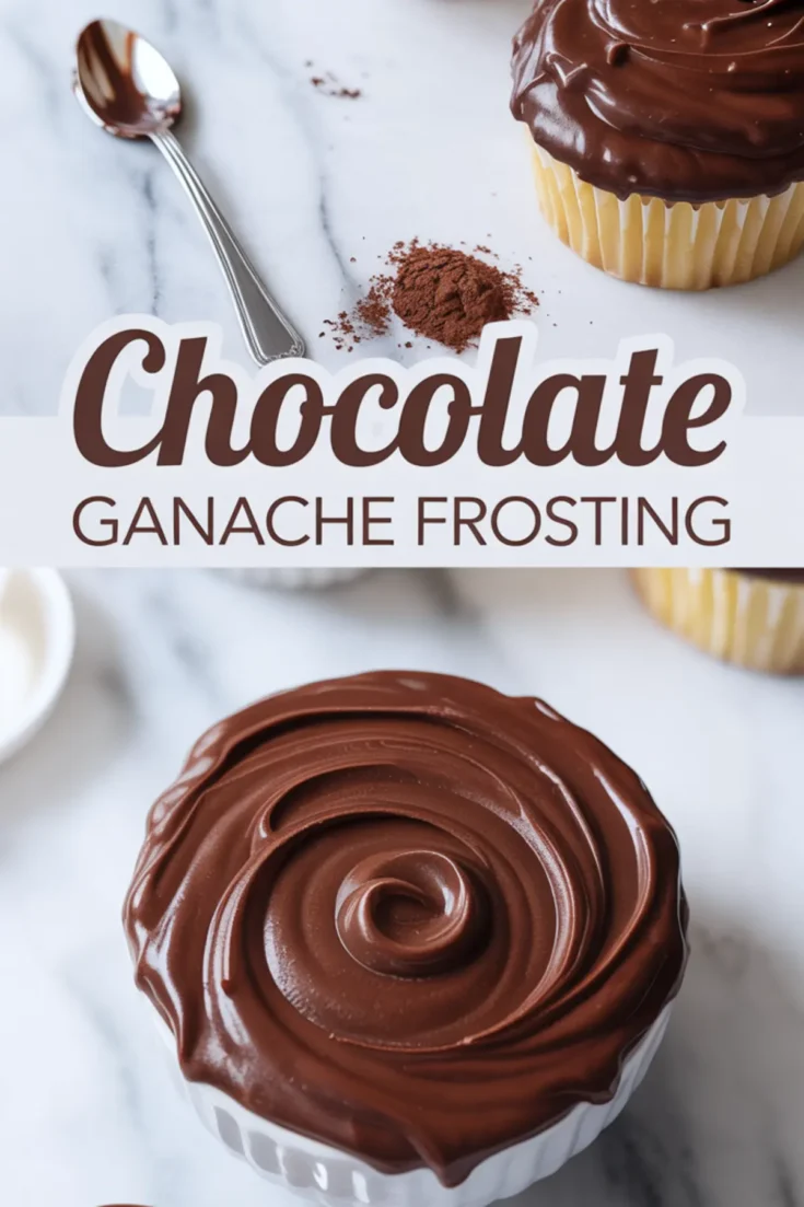 This collage displays a swirl of glossy ganache frosting on a cupcake with cocoa powder and spoon above, and a ramekin filled with thick ganache below. Central overlay text reads “Chocolate Ganache Frosting.”