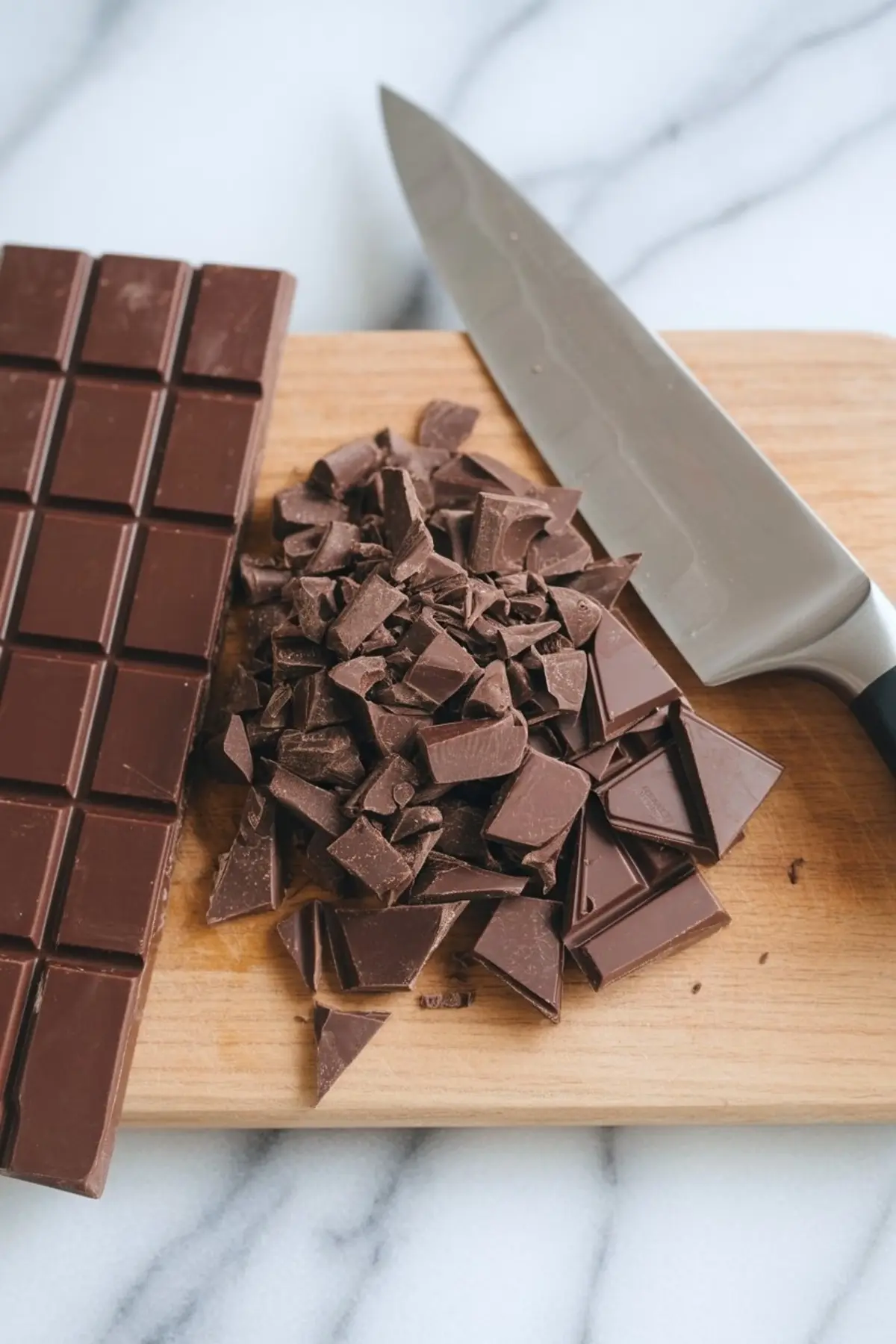 A partially chopped chocolate bar sits next to uneven chocolate pieces on a wooden cutting board, with a large silver kitchen knife positioned to the side.