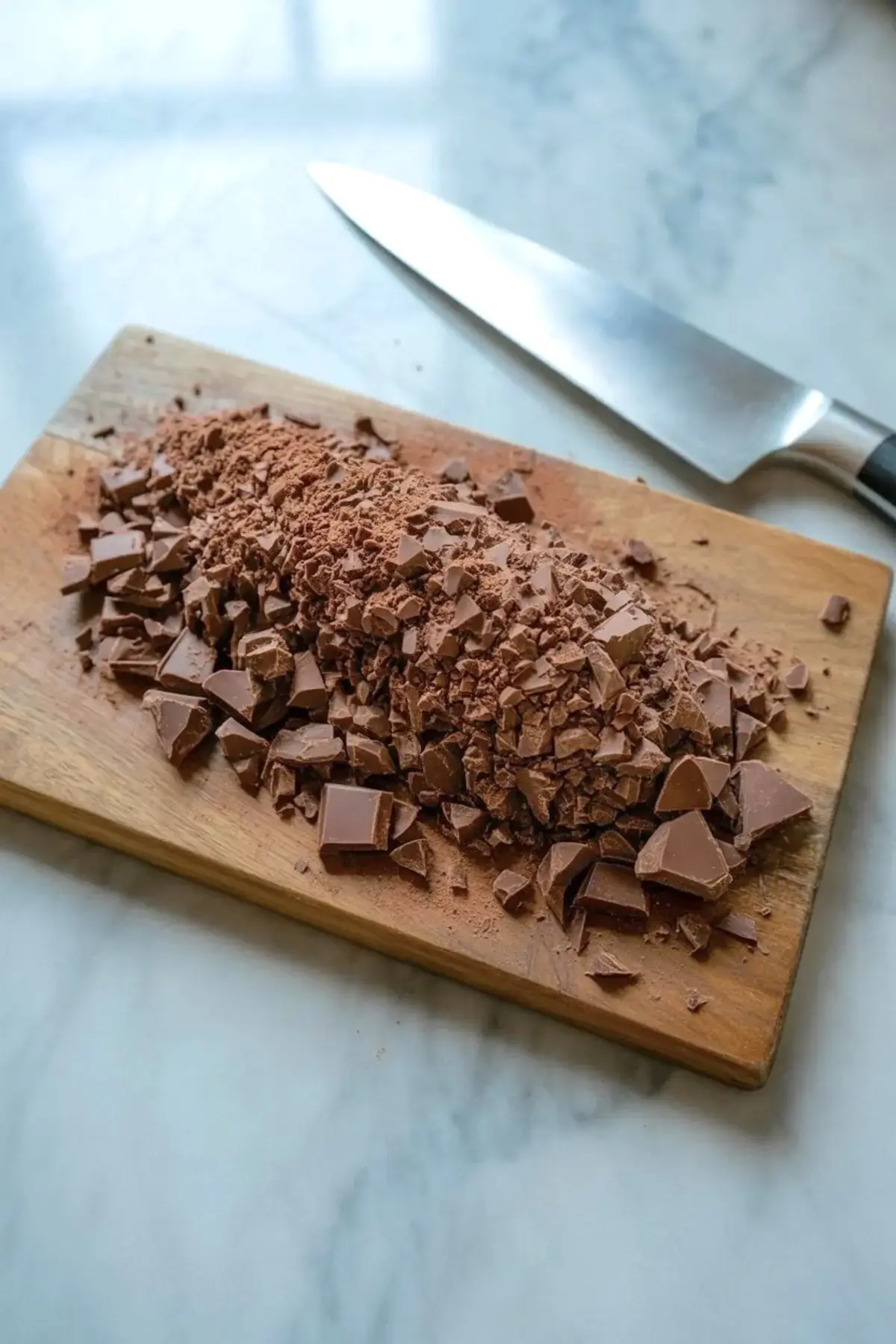 Chopped milk chocolate is piled on a wooden cutting board, surrounded by fine chocolate dust, with a stainless steel chef’s knife nearby on a marble surface.