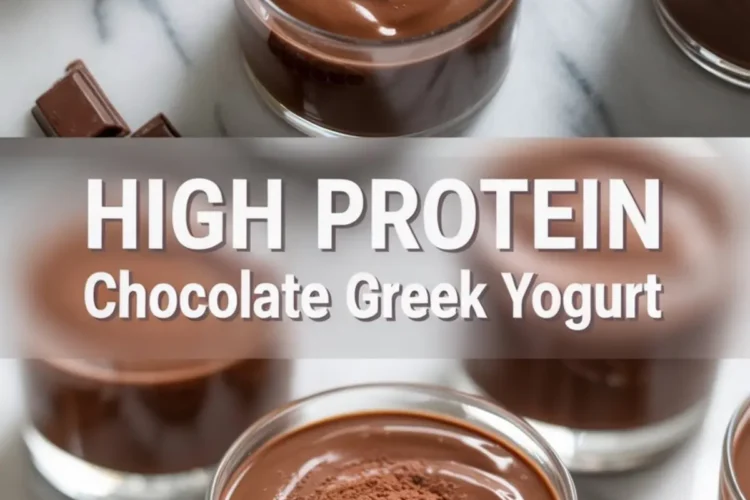 Smooth and glossy high protein chocolate Greek yogurt in glass jars, sprinkled with cocoa powder, with chocolate pieces nearby. Central banner highlights “High Protein Chocolate Greek Yogurt.”
