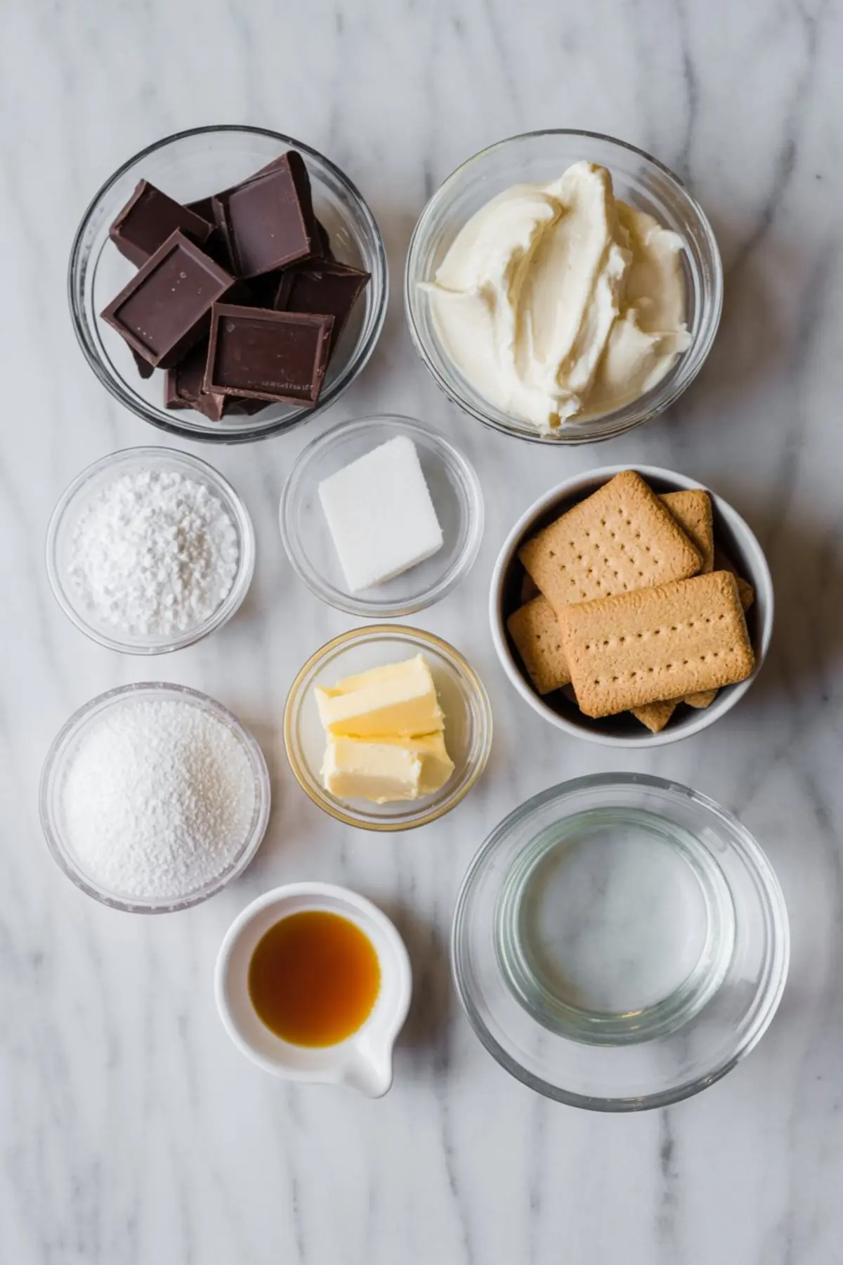 Flat lay of dessert ingredients including dark chocolate chunks, mascarpone cheese, graham crackers, powdered sugar, granulated sugar, butter, vanilla extract, and a bowl of water, all arranged in clear bowls on a marble surface.