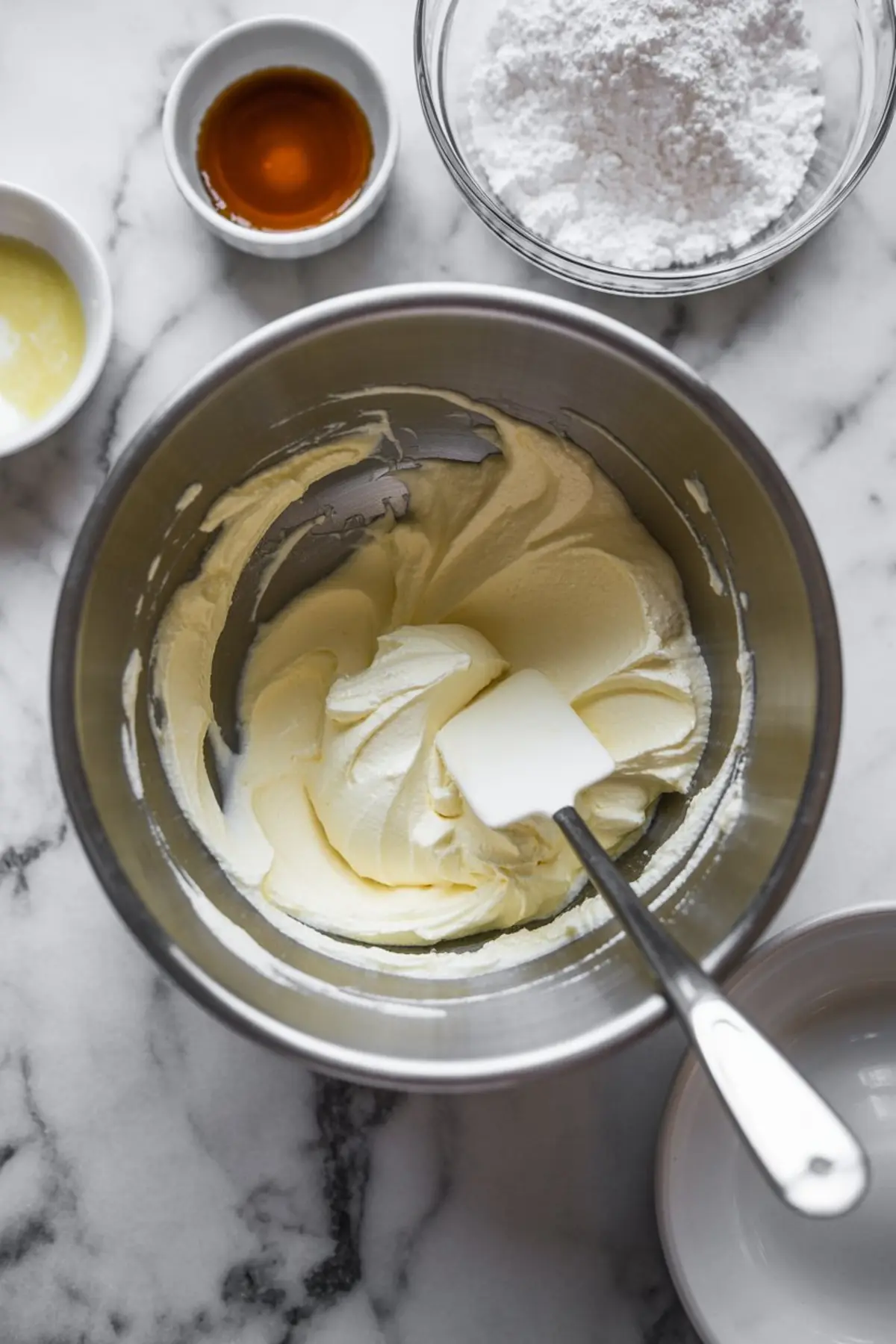 Thick mascarpone cream mixture in a stainless steel mixing bowl with a spatula, surrounded by small bowls of powdered sugar, melted butter, and vanilla extract on a marble background.