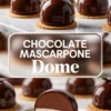 Chocolate mascarpone domes with a shiny mirror glaze and chocolate crescent toppers placed on biscuit bases, shown whole and sliced to reveal layered chocolate mousse, creamy mascarpone, and biscuit crust, with bold text overlay reading “Chocolate Mascarpone Dome.”