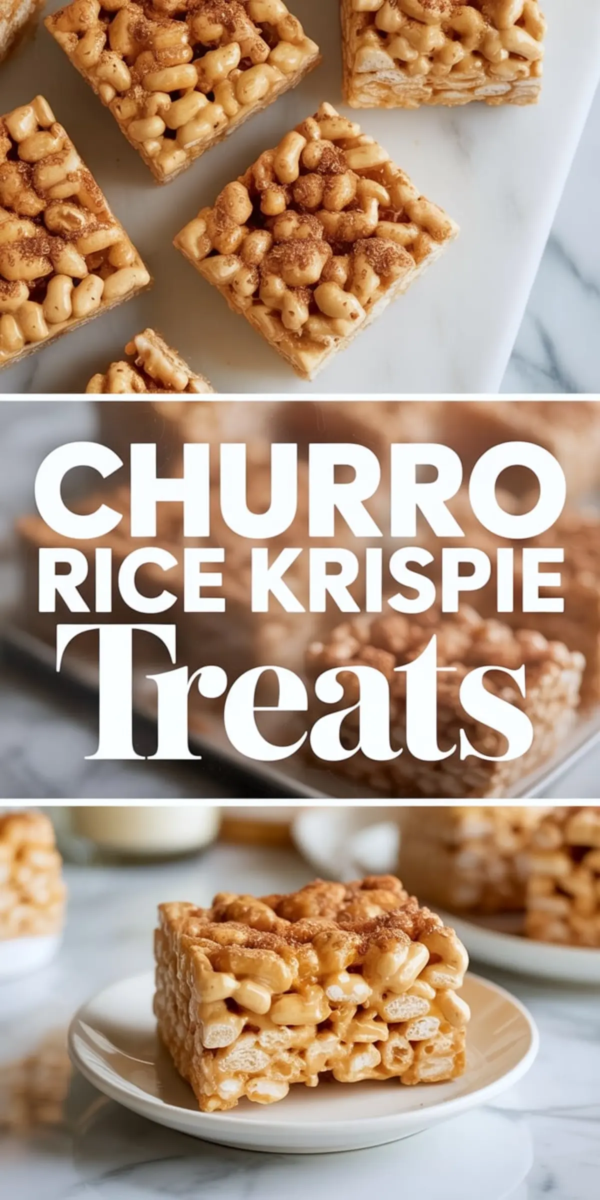 Churro rice krispie treat squares shown from an overhead view and a plated close up, coated with cinnamon sugar topping, set on a marble background with bold churro rice krispie treats text.
