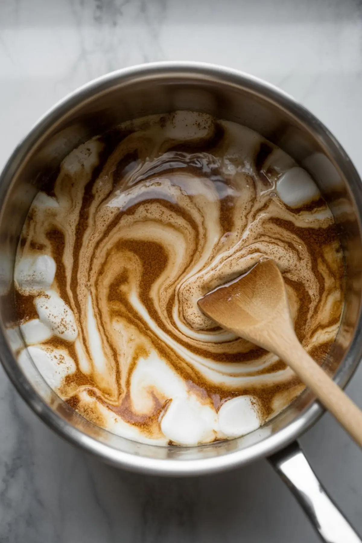Rice krispie treat mixture pressed evenly into a clear glass baking dish, showing a smooth top layer and compact texture on a marble surface.
