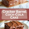 Collage image showing a glossy rectangular Cracker Barrel Coca-Cola Cake on a gold board with a rich chocolate frosting, paired with a close-up of a single slice on a white plate showcasing the moist chocolate crumb and thick icing. Text in the center reads “Cracker Barrel Coca-Cola Cake.”