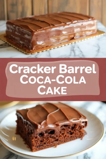Collage image showing a glossy rectangular Cracker Barrel Coca-Cola Cake on a gold board with a rich chocolate frosting, paired with a close-up of a single slice on a white plate showcasing the moist chocolate crumb and thick icing. Text in the center reads “Cracker Barrel Coca-Cola Cake.”
