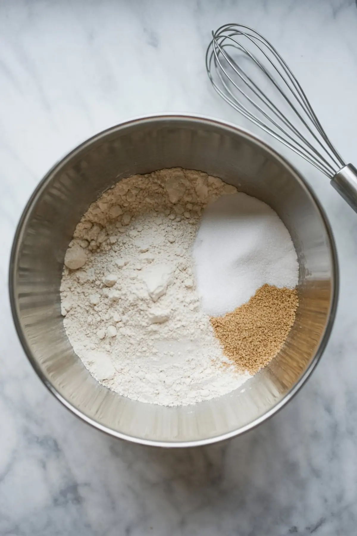 Metal mixing bowl containing white granulated sugar, brown sugar, and flour set in separate sections, with a metal whisk placed on the marble countertop.