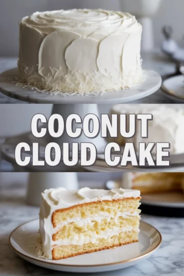 Split image showing a whole coconut layer cake with smooth whipped frosting and shredded coconut garnish on a marble cake stand, paired with a detailed view of a plated slice revealing airy vanilla cake and whipped coconut filling in three layers.