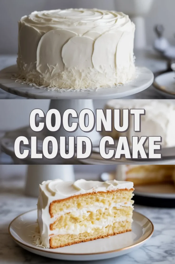 Split image showing a whole coconut layer cake with smooth whipped frosting and shredded coconut garnish on a marble cake stand, paired with a detailed view of a plated slice revealing airy vanilla cake and whipped coconut filling in three layers.