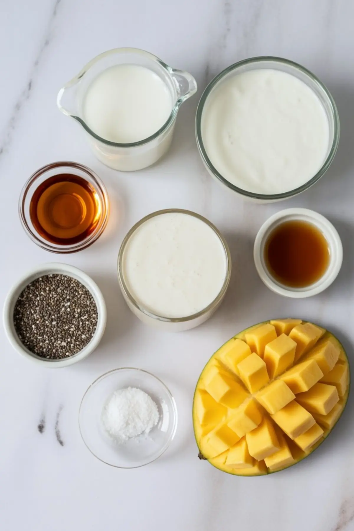 Flat lay of ingredients for coconut chia pudding with mango swirl, including chia seeds, coconut milk, yogurt, maple syrup, vanilla extract, and cubed mango.