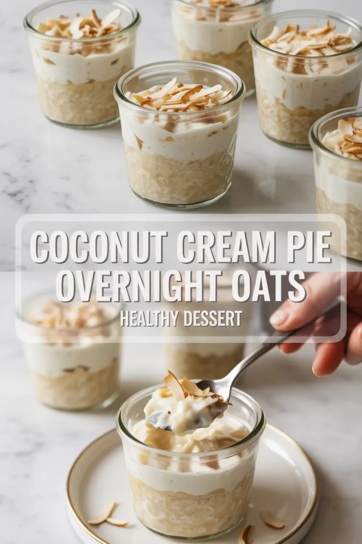 Two-photo collage showing coconut cream pie overnight oats in small glass jars. The top photo displays five jars layered with creamy oats, whipped topping, and toasted coconut flakes on a marble surface. The bottom photo features a hand holding a spoonful of the dessert above a plated jar, emphasizing the creamy texture and golden coconut topping.