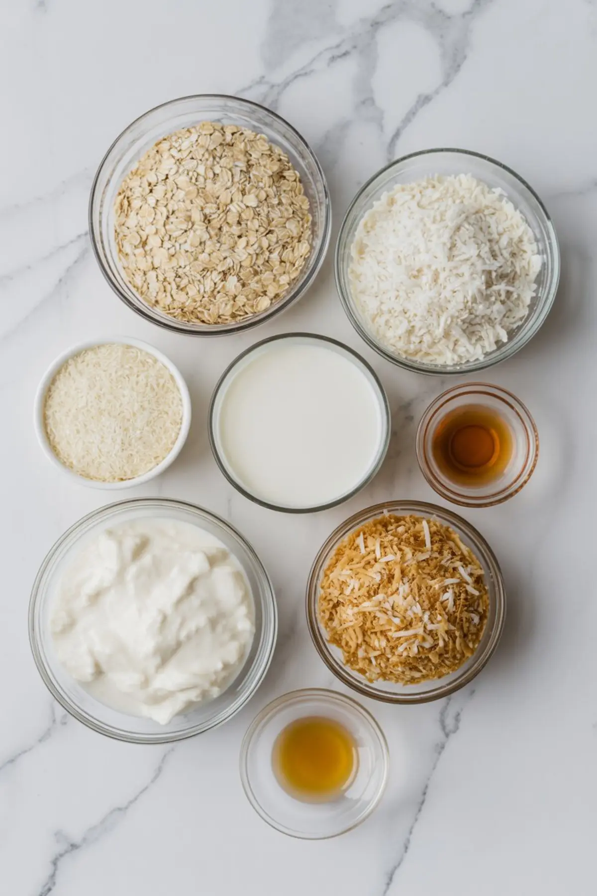 Flat lay of ingredients for coconut cream pie overnight oats arranged in glass bowls on a marble surface. Visible ingredients include rolled oats, shredded coconut, Greek yogurt, milk, toasted coconut, vanilla extract, and maple syrup.
