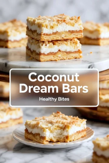 Stacked coconut dream bars with layers of golden crust, gooey caramel, whipped coconut filling, and toasted shredded coconut topping, styled on a marble platter with bold “Coconut Dream Bars” text overlay.