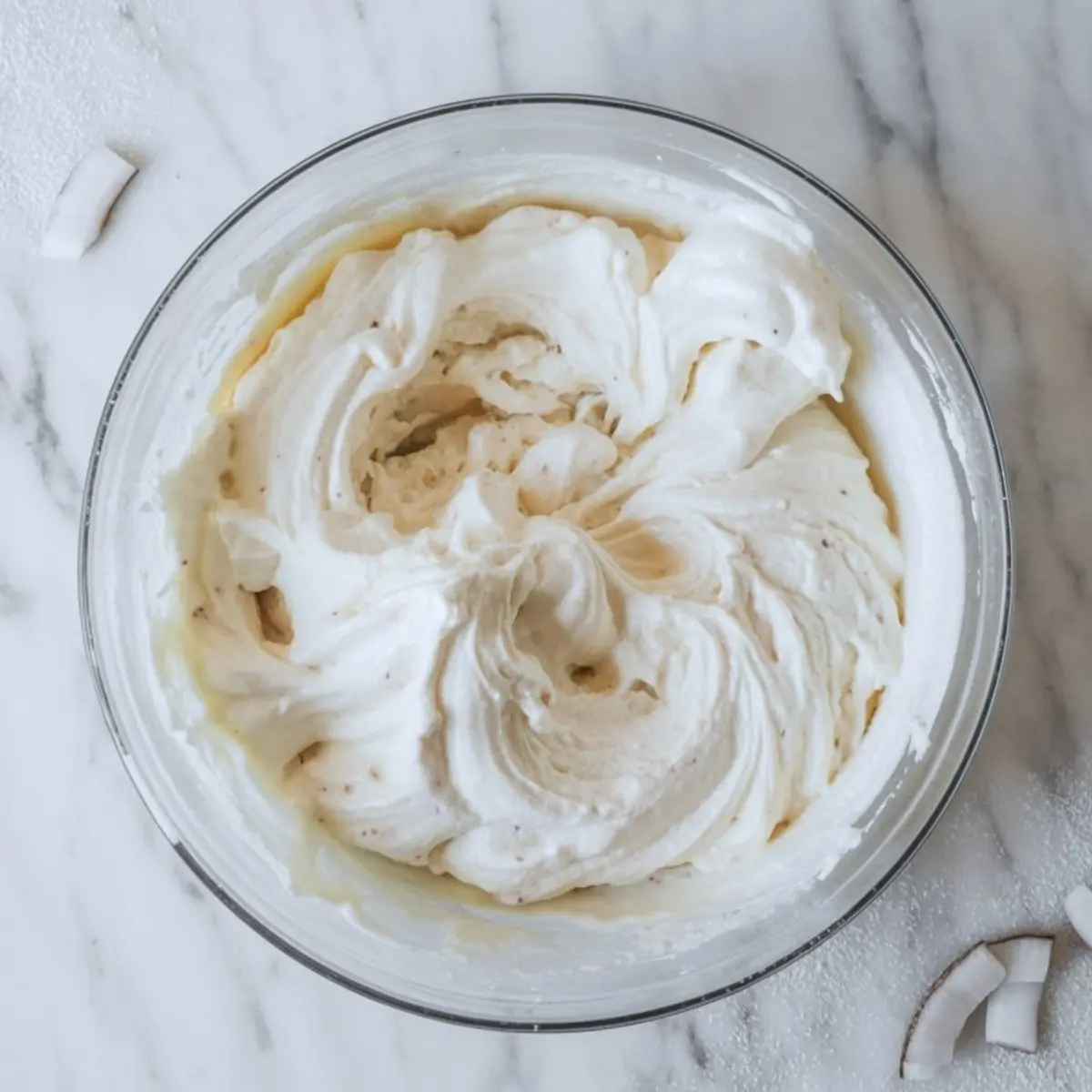 Close-up of fluffy whipped coconut cream in a clear glass bowl on a marble countertop, with coconut flakes scattered nearby.
