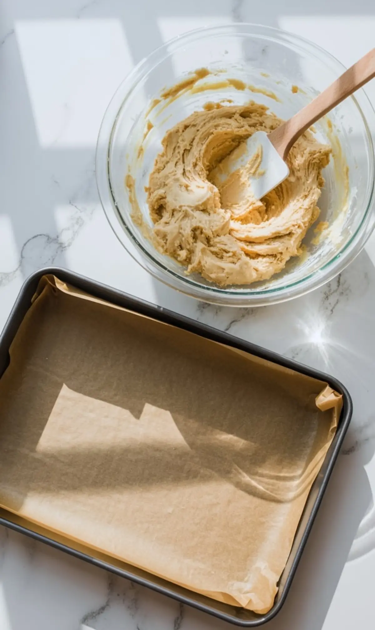 Overhead view of cookie dough in a glass mixing bowl with a spatula next to a parchment-lined baking pan on a marble surface, bathed in soft natural light.
