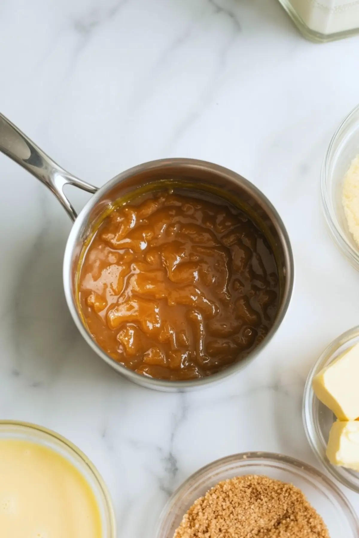 Top view of thick golden caramel sauce in a small stainless steel saucepan, surrounded by partial bowls of butter, sugar, and milk ingredients on a white marble surface.
