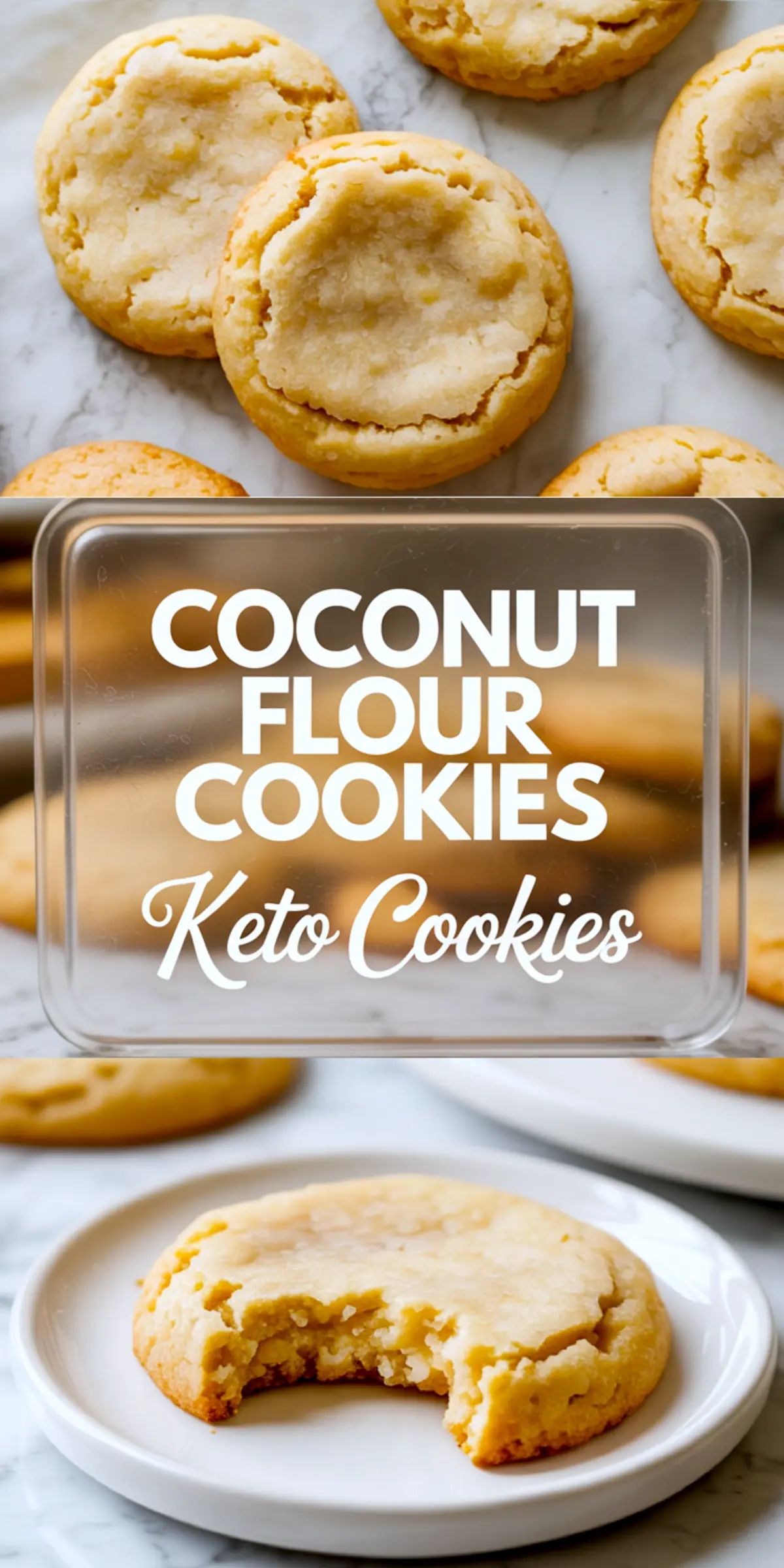 Vertical collage of keto coconut flour cookies showing freshly baked cookies on top, bold text in the center, and a bitten cookie on a white plate at the bottom.