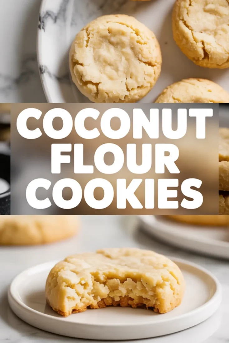 Pinterest collage for coconut flour cookies featuring overhead cookies on a marble plate, bold white text in the center, and a soft-baked cookie with a bite taken out at the bottom.